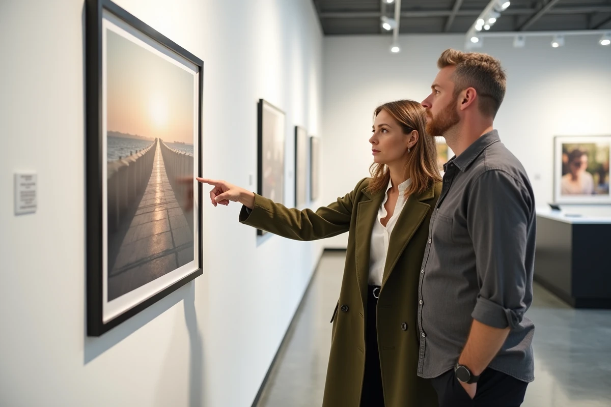 Deux professionnels discutant de la protection des droits d'auteur devant une photographie encadrée dans une galerie d'art