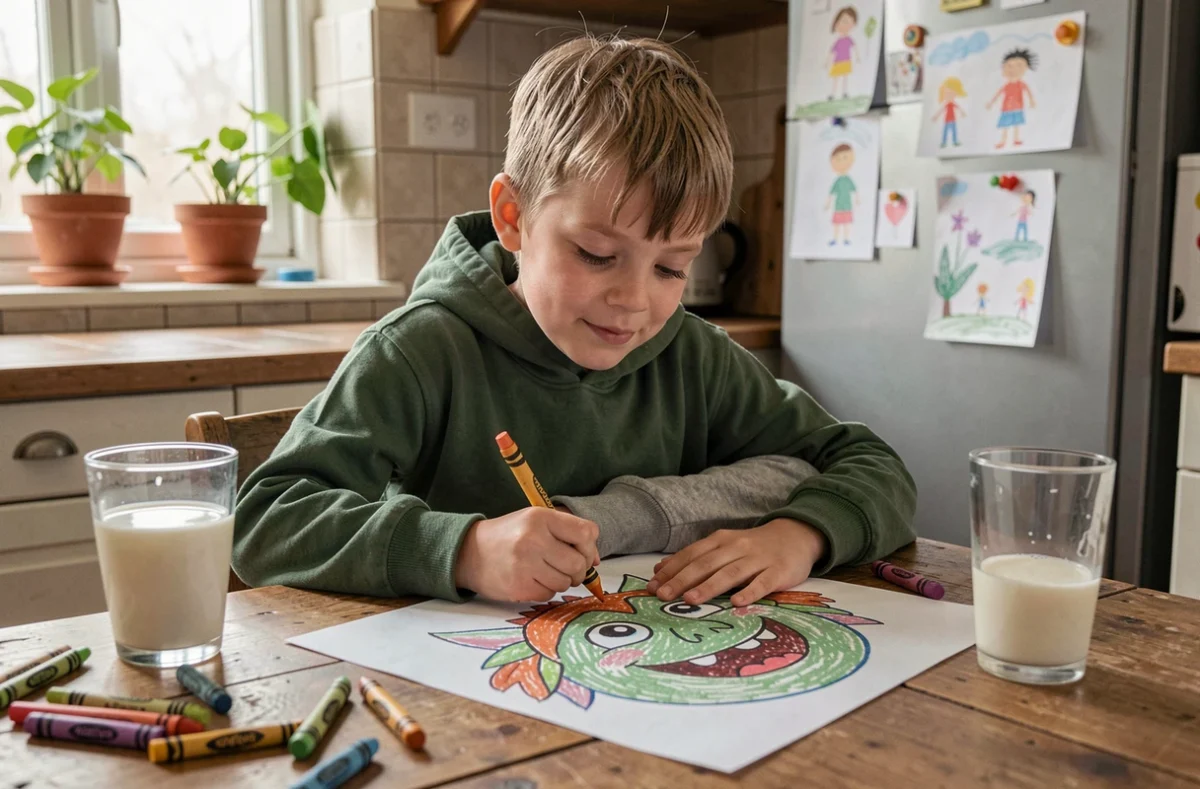 Garçon concentré dessinant un monstre souriant aux crayons de couleur sur papier kraft à la table de cuisine familiale, expression apaisée et créative