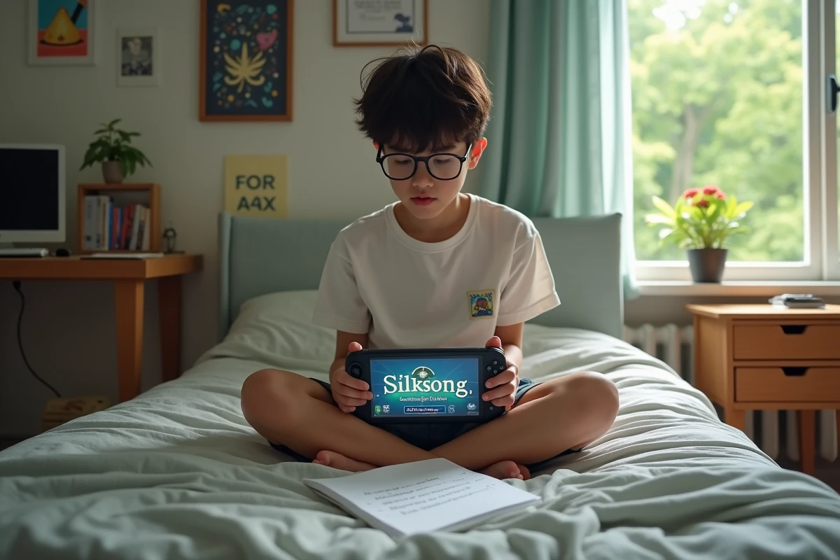 Adolescent jouant avec une console portable dans sa chambre