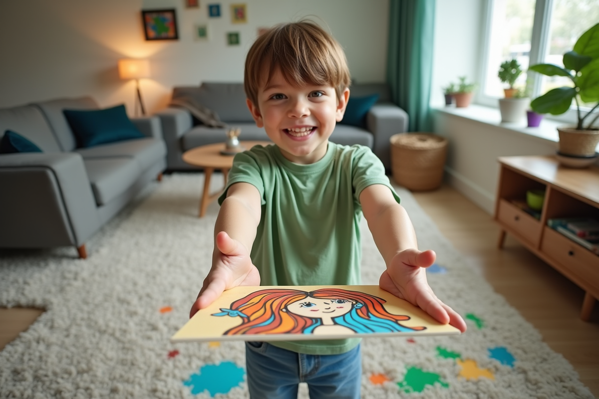 Jeune garçon montrant fièrement son tableau peint à la main