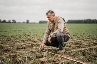 Géomètre mesurant un terrain agricole avec un mètre ruban professionnel pour convertir des hectares en mètres carrés