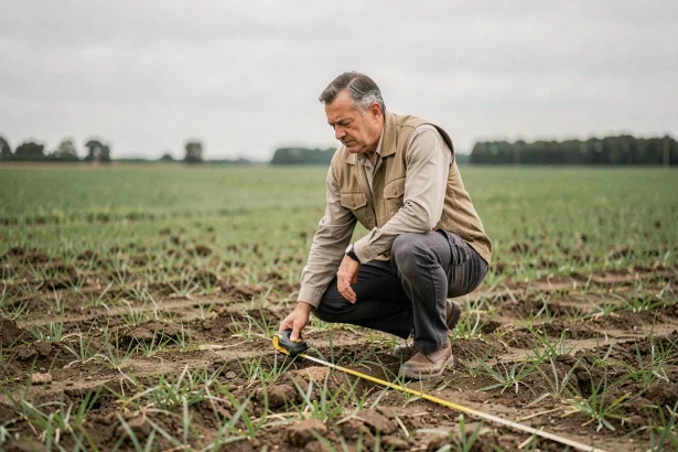 Géomètre mesurant un terrain agricole avec un mètre ruban professionnel pour convertir des hectares en mètres carrés