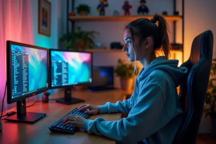 Jeune femme gérant des mods de jeu vidéo sur un PC avec double écran dans un bureau gaming