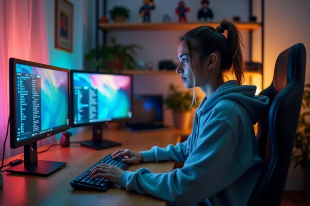 Jeune femme gérant des mods de jeu vidéo sur un PC avec double écran dans un bureau gaming