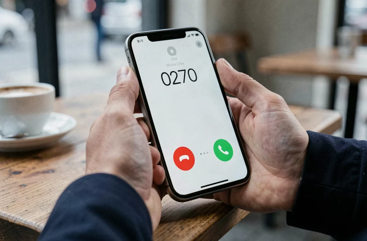 Gros plan d'un écran de smartphone affichant un appel entrant du numéro 0270 avec boutons accepter et refuser visibles