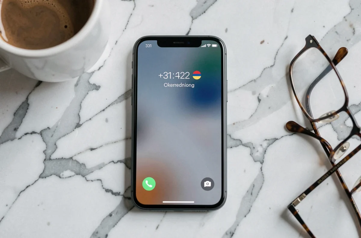 Gros plan d'un smartphone affichant un appel entrant avec le numéro international +31 des Pays-Bas