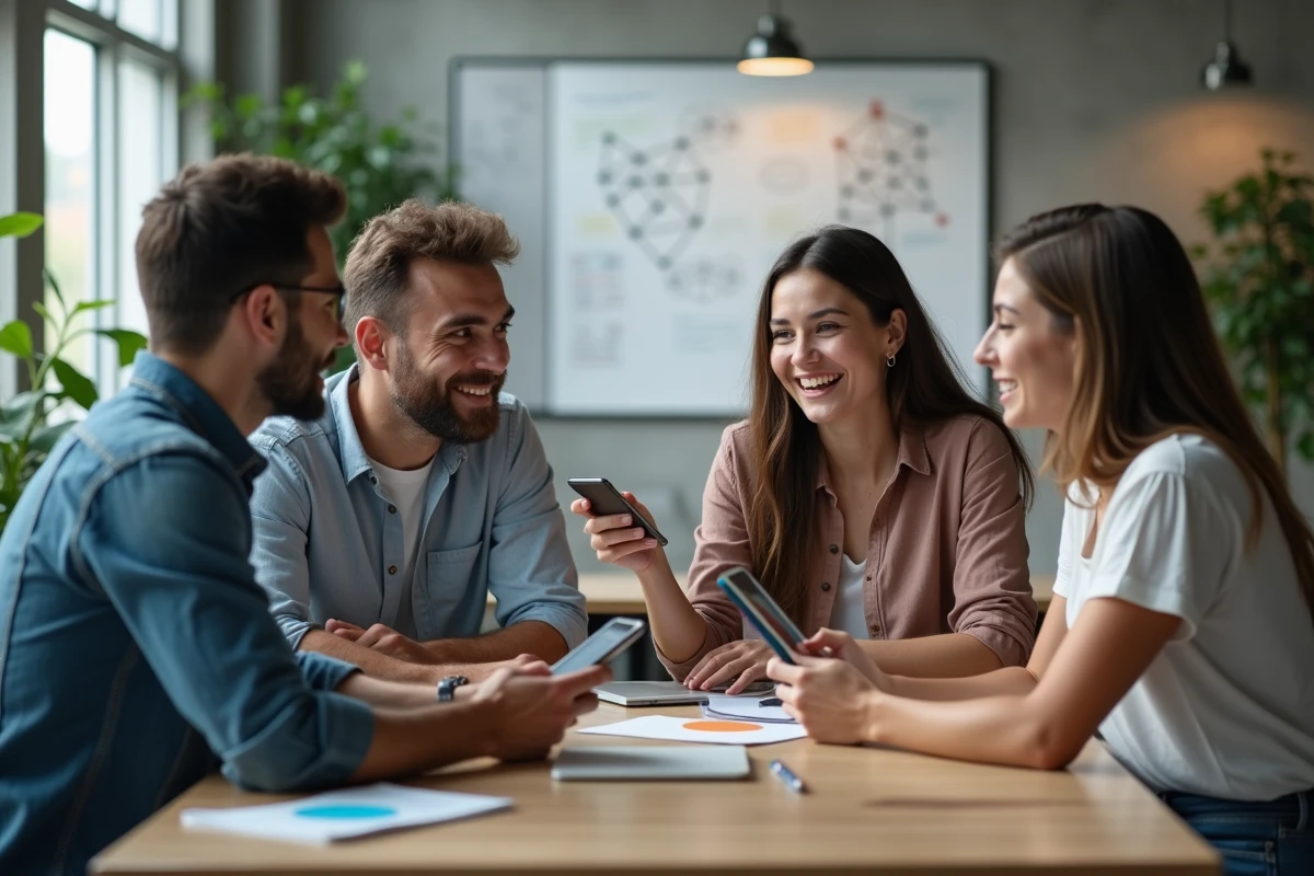 Groupe de professionnels analysant ensemble des fils de discussion en réseau dans un espace de coworking, symbolisant les dynamiques collectives des cultures en ligne