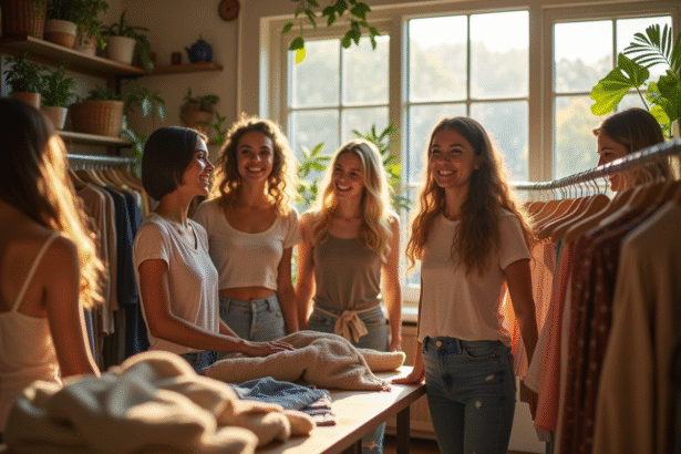 Groupe de jeunes achetant des vêtements écologiques dans une boutique lumineuse