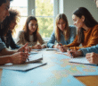 Groupe de jeunes étudiant autour d'une carte voyage