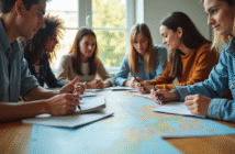Groupe de jeunes étudiant autour d'une carte voyage