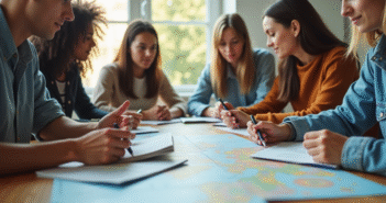 Groupe de jeunes étudiant autour d'une carte voyage