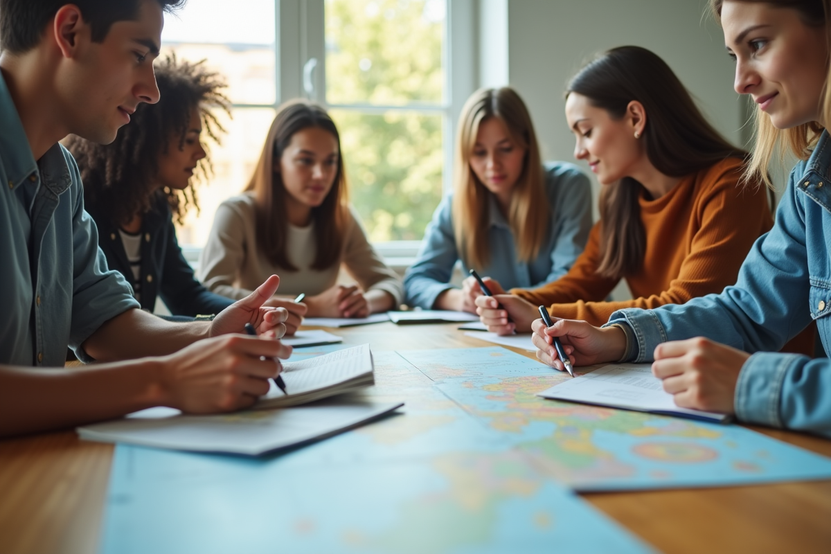 Groupe de jeunes étudiant autour d'une carte voyage