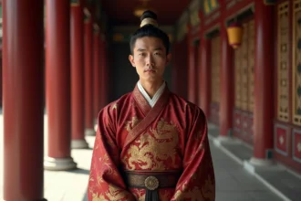 Homme asiatique en tenue de guerrier traditionnelle dans un palais