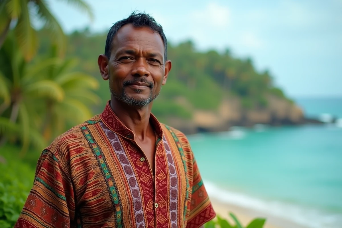 Homme mahorais en tenue traditionnelle devant le littoral tropical de Mayotte dans l'océan Indien