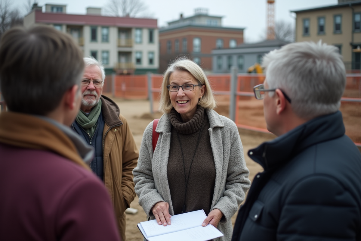 Groupe de riverains discutant sur un chantier