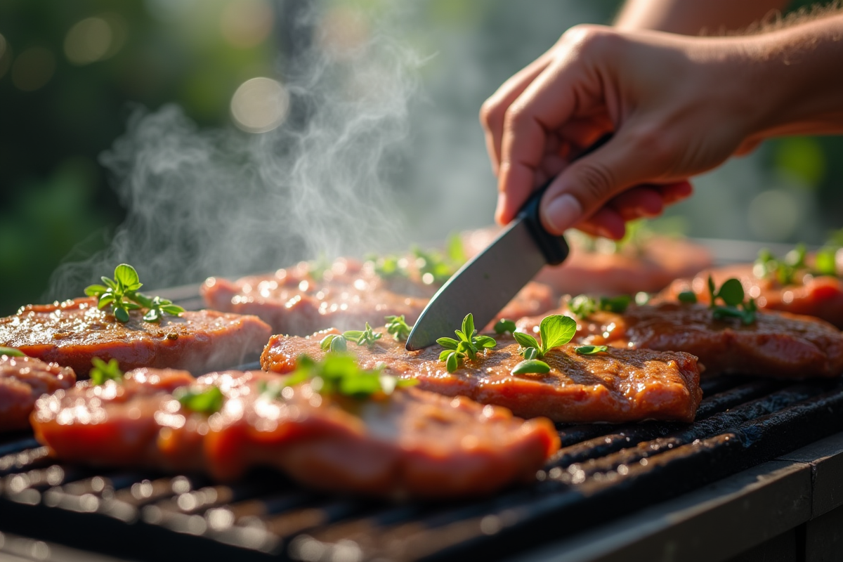 Mains ajoutant herbes et sauces sur viandes grillées au barbecue
