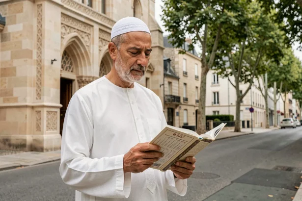 Homme musulman tenant un calendrier des heures de prière devant une mosquée à Mantes-la-Jolie