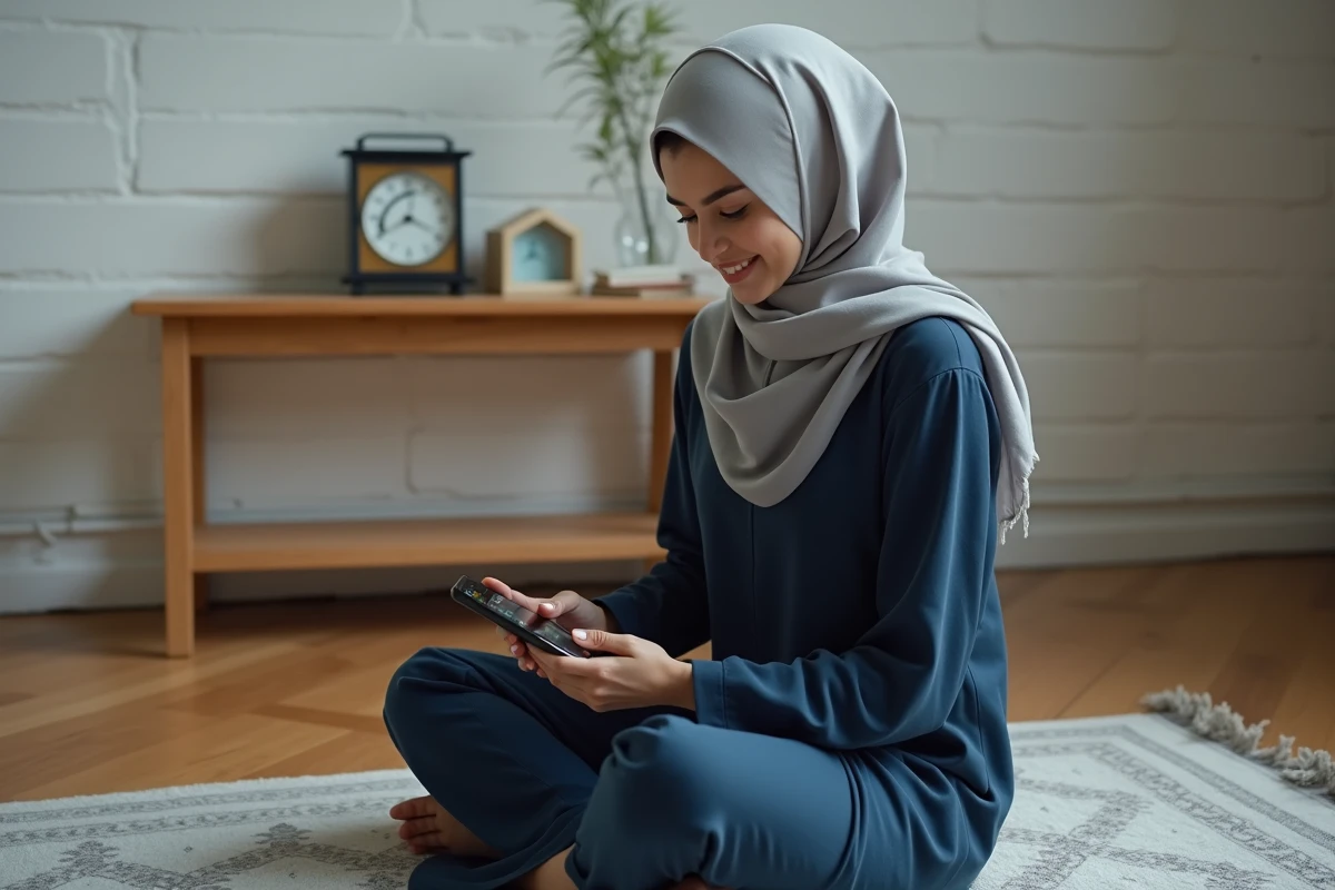 Femme portant un hijab consultant une application de prière islamique sur smartphone à Roubaix