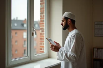 Homme musulman consultant un tableau des heures de prière islamique dans un appartement de Roubaix