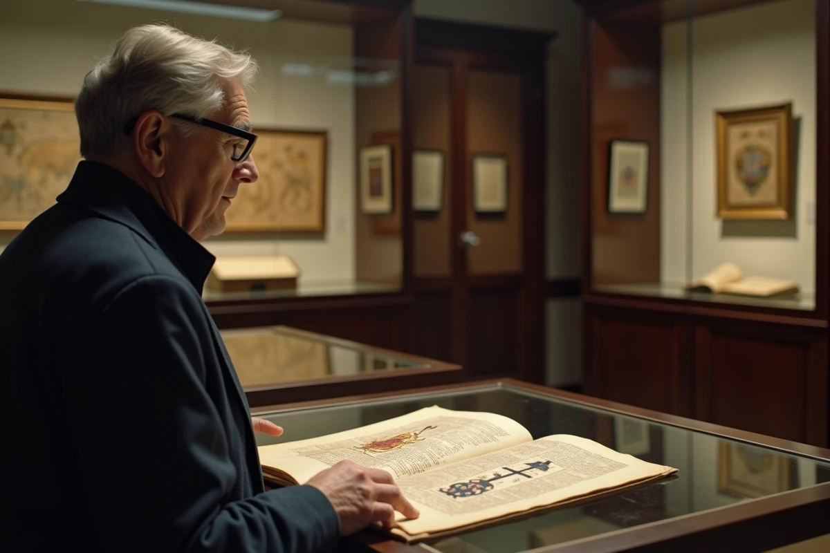 Historien examinant un manuscrit médiéval enluminé présentant des emblèmes royaux hongrois et une croix à double traverse dans un musée européen