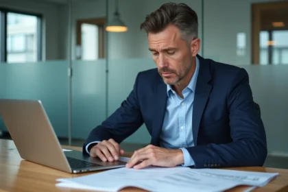Homme d'affaires en costume bleu dans un bureau moderne