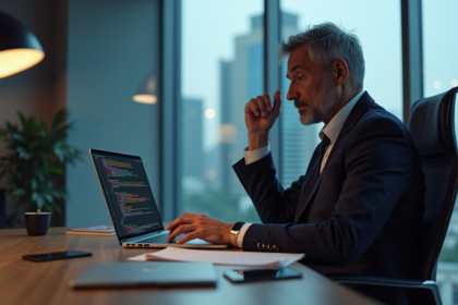 Homme d'affaires réfléchissant devant un ordinateur quantique