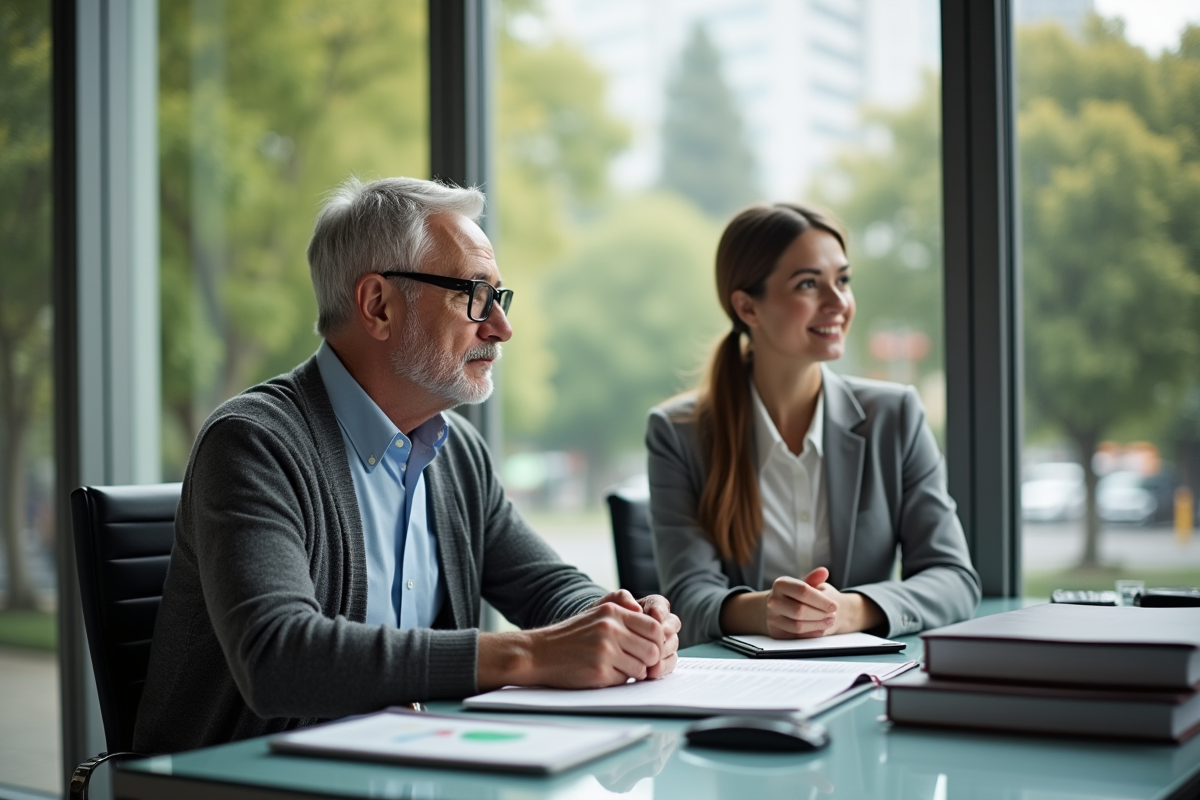 Homme âgé avec agent immobilier dans un bureau lumineux
