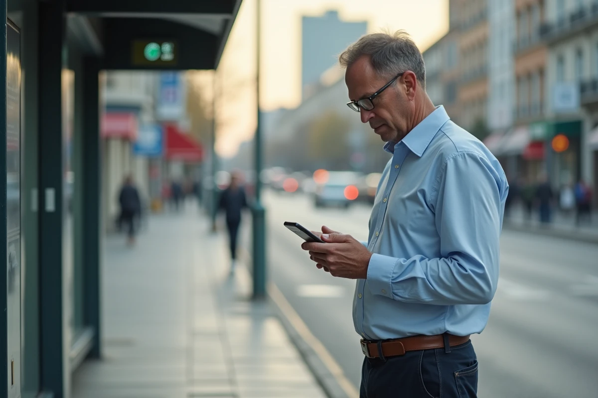 Homme vérifiant son smartphone à un arrêt de bus