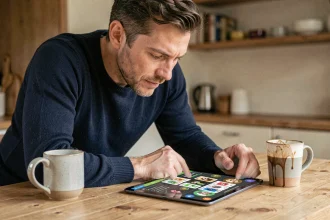 Homme jouant à la belote coinchée en ligne sur une tablette, attablé dans une cuisine moderne