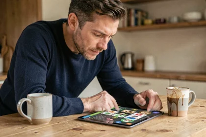 Homme jouant à la belote coinchée en ligne sur une tablette, attablé dans une cuisine moderne
