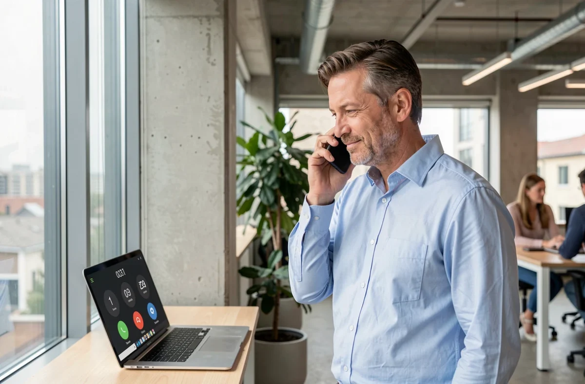 Homme en bureau recevant un appel téléphonique avec l'indicatif international 0031 des Pays-Bas