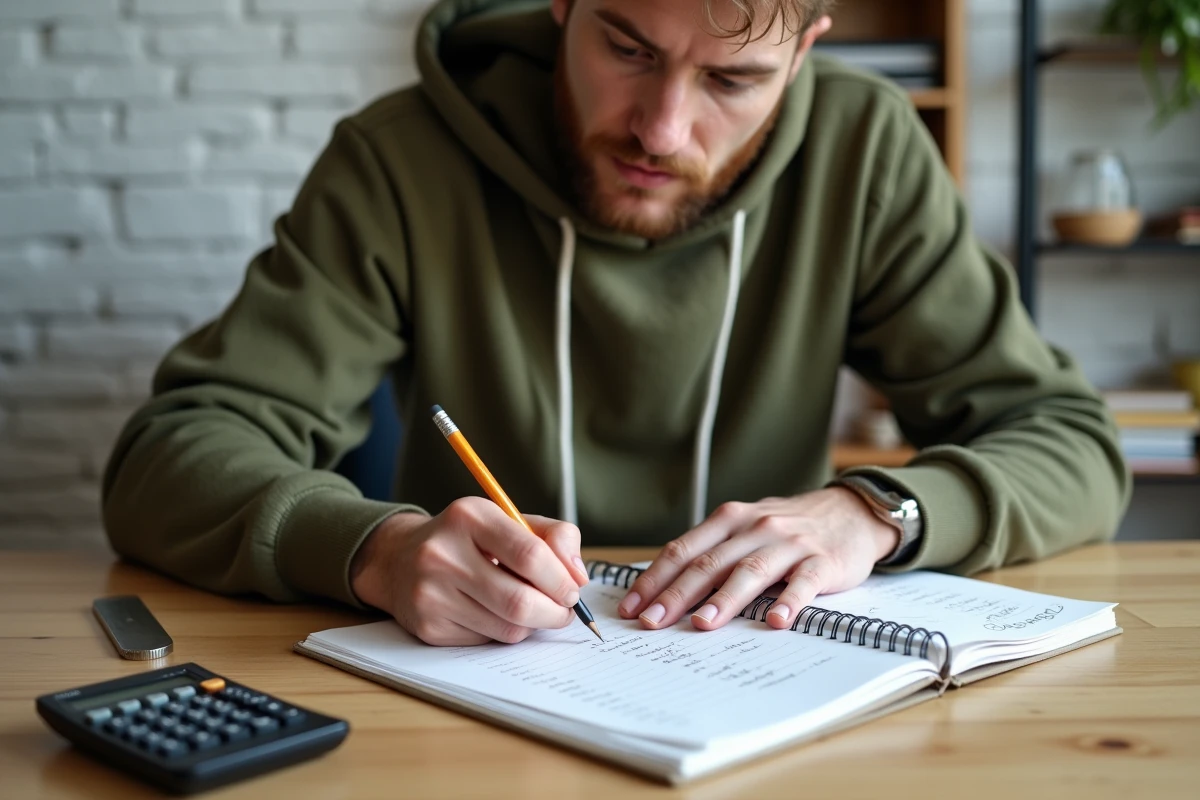 Jeune homme notant des formules de conversion mètres carrés en mètres cubes dans un carnet à son bureau à domicile