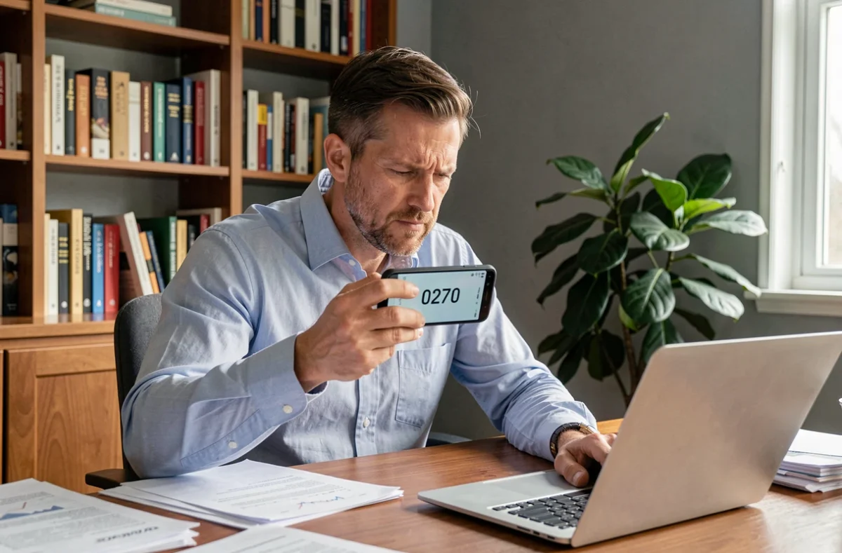 Homme en bureau à domicile analysant un numéro inconnu 0270 affiché sur son téléphone portable