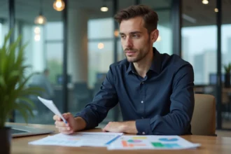 Homme en bureau moderne examine documents et ordinateur