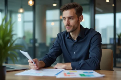 Homme en bureau moderne examine documents et ordinateur