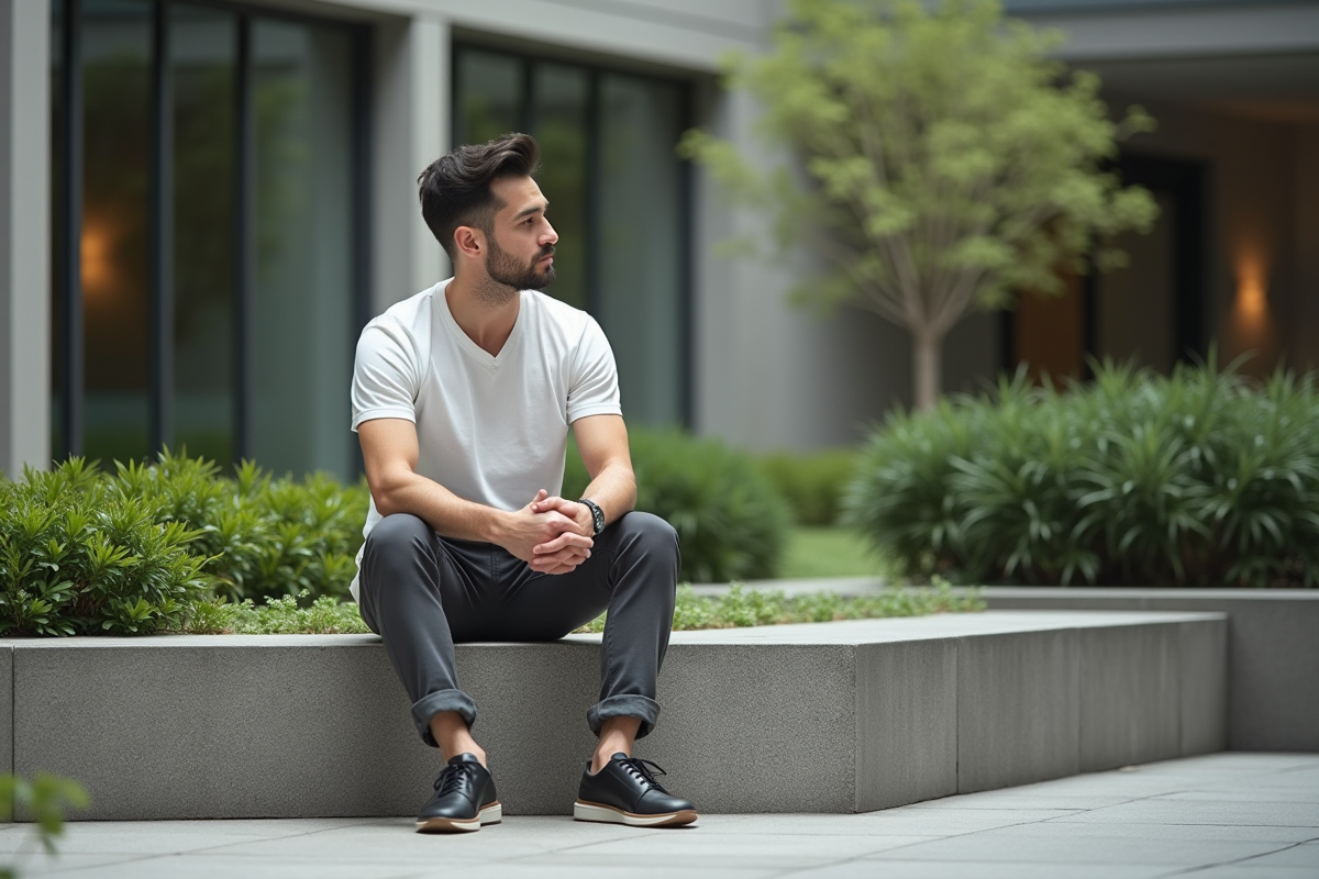 Homme assis dans une cour urbaine calme et verdoyante