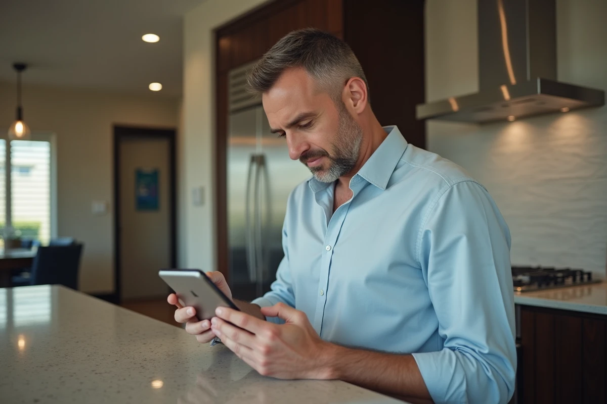 Homme en cuisine vérifiant un email de résiliation
