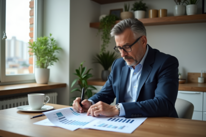 Homme d'âge moyen en costume bleu analysant des graphiques financiers