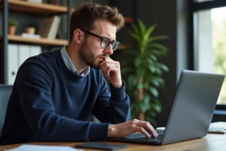 Homme hésitant devant son ordinateur dans un bureau moderne