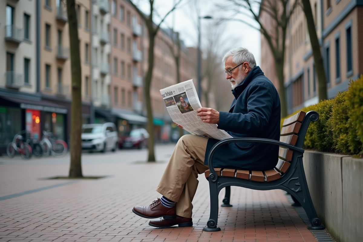 Homme âgé lisant un journal dans un parc urbain