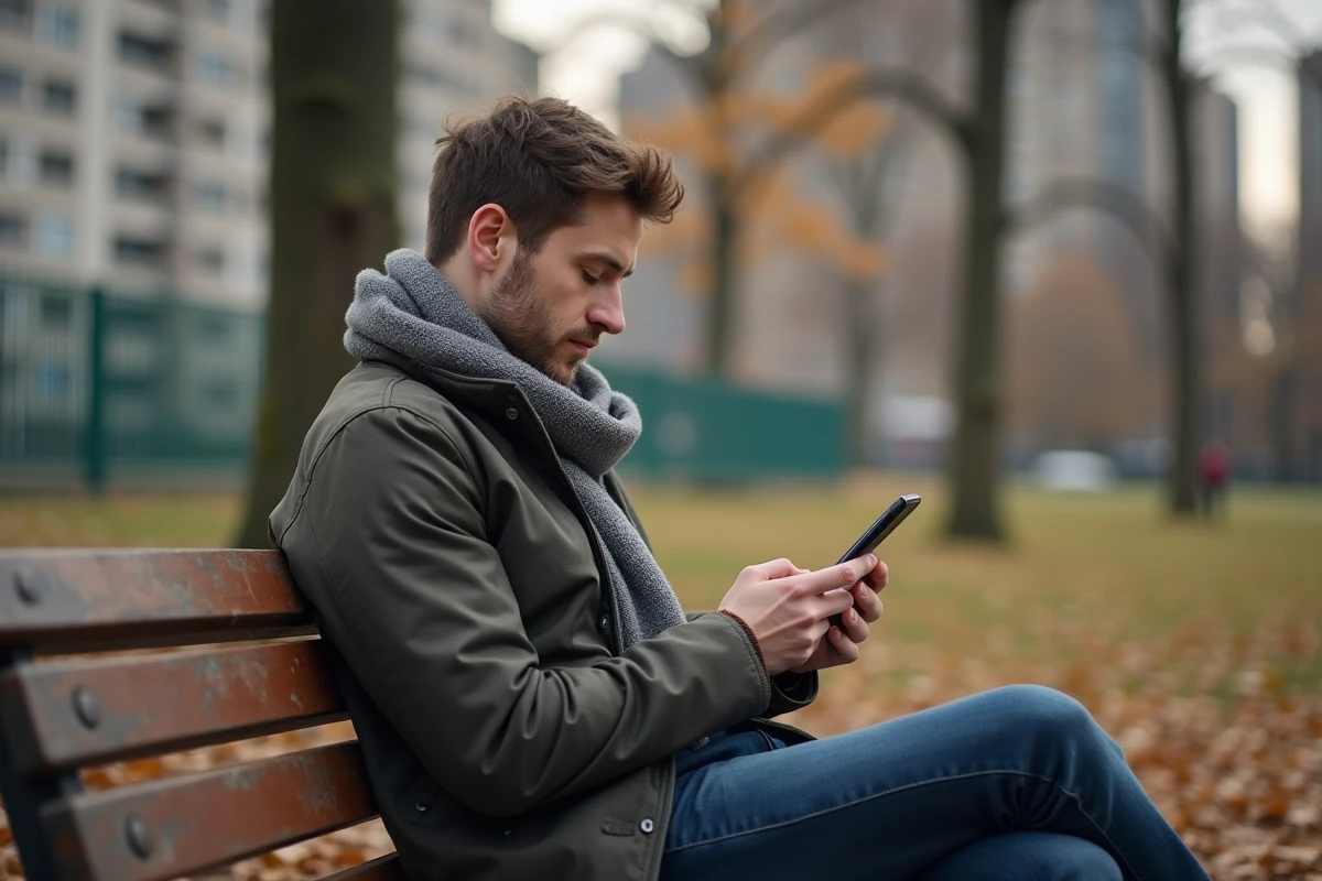 Jeune homme lisant des messages dans un parc urbain