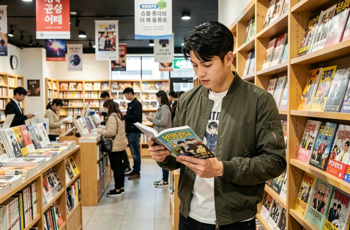 Jeune homme feuilletant un manhwa dans une librairie coréenne moderne avec des étagères remplies de bandes dessinées