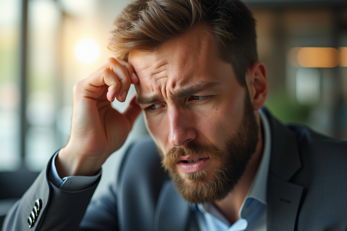 Homme en bureau montrant un malaise en se frottant le front