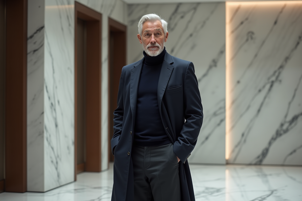 Homme mature en manteau navy dans un intérieur moderne