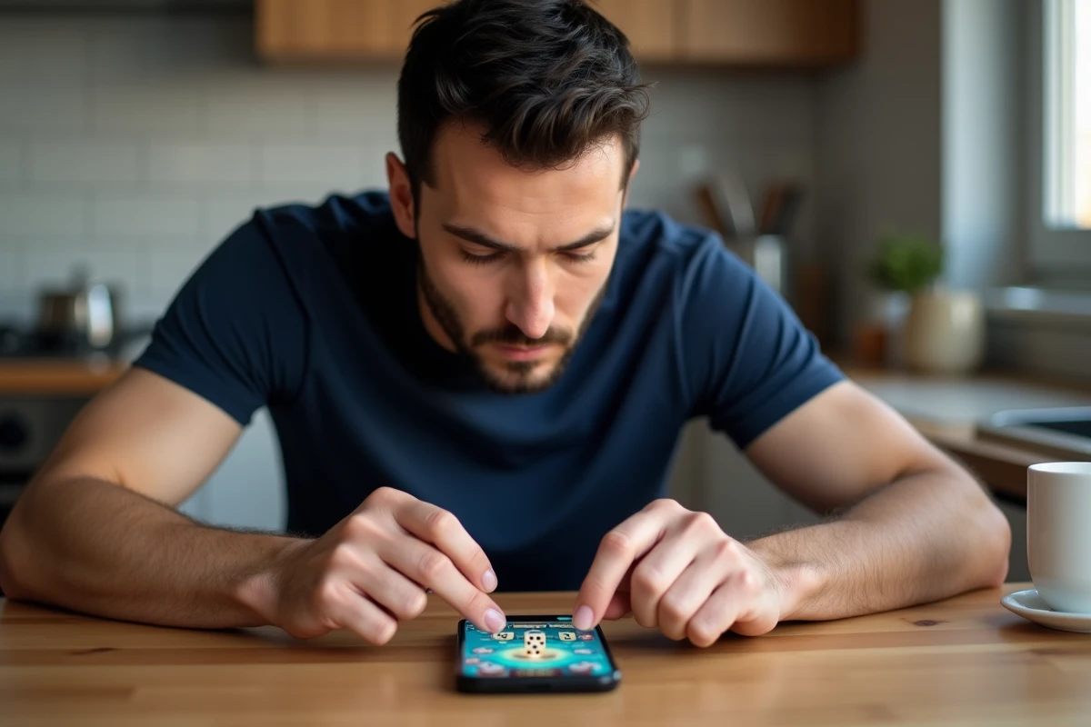 Homme consultant son téléphone pour obtenir des dés gratuits sur Monopoly GO