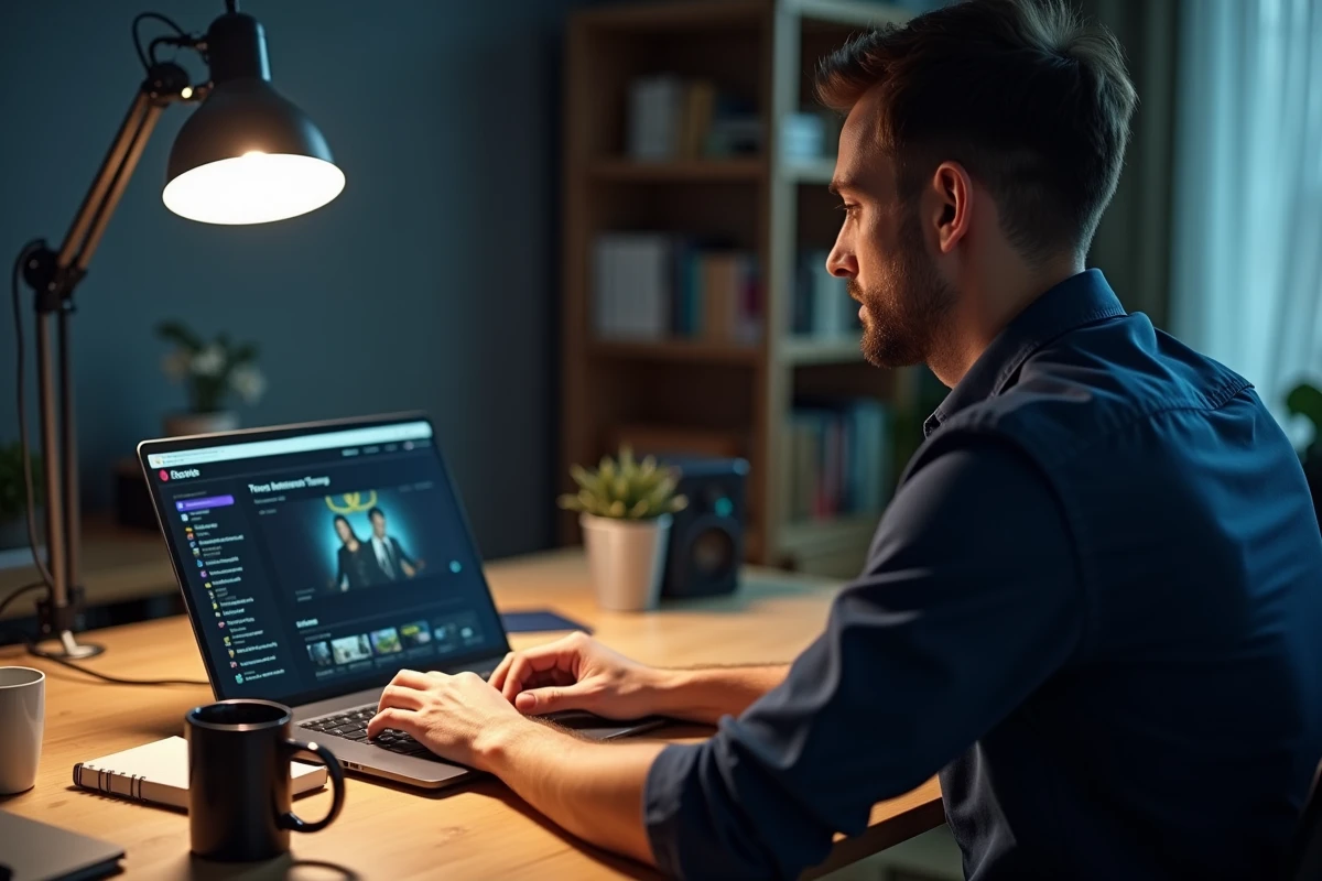 Homme consultant un site de suivi de séries télévisées sur ordinateur portable dans un bureau à domicile