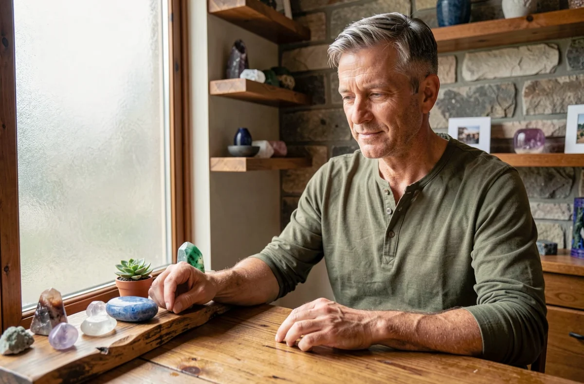 Homme plaçant une pierre bleue polie sur un autel de cristaux avec intention et concentration