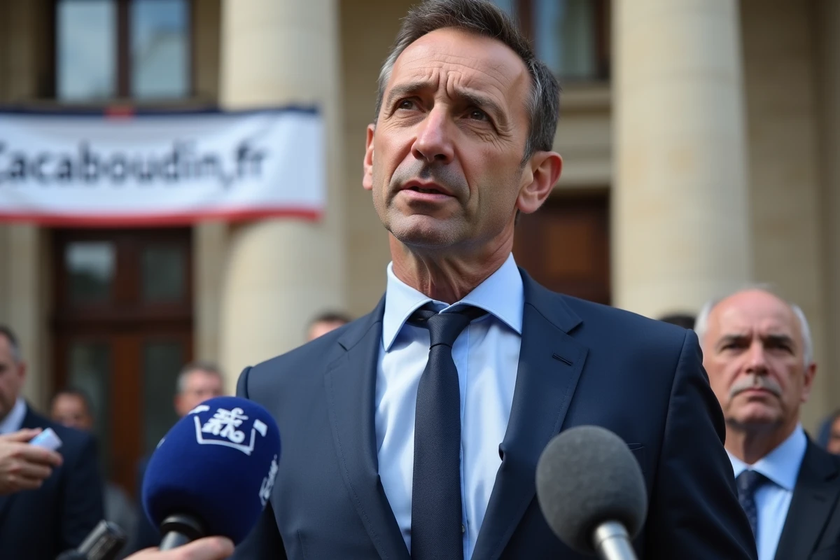 Homme politique en interview devant un bâtiment officiel