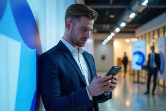 Jeune homme politique en costume marine consultant son smartphone devant des affiches de campagne dans un QG politique moderne