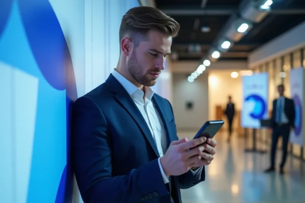 Jeune homme politique en costume marine consultant son smartphone devant des affiches de campagne dans un QG politique moderne